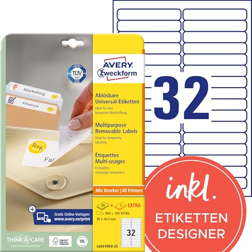 AVERY Zweckform L6031REV-25 Universal Etiketten (800 plus 160 Klebeetiketten extra, 96x16,9mm auf A4, wieder rückstandsfrei ablösbar/abziehbar, bedruckbar, selbstklebende Aufkleber) 30 Blatt, weiß