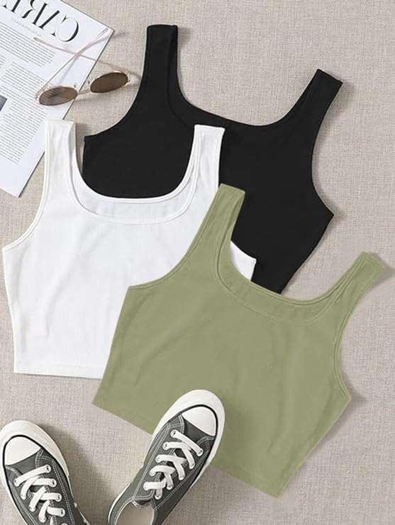 Image of KERI PERRY Tops for Women Crop Top for Women's Tank Activewear Tee Sports Western Casual Cotton Camisole Pack of 3 Combo