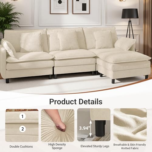 Image of Claiks 148 inch Modular U-Shaped Sofa, Cloud Couch with Ottoman, Sectional 6-Seater Sofa, Deep Seat Comfy Couch with Pillows for Living Room & Apartment, Beige
