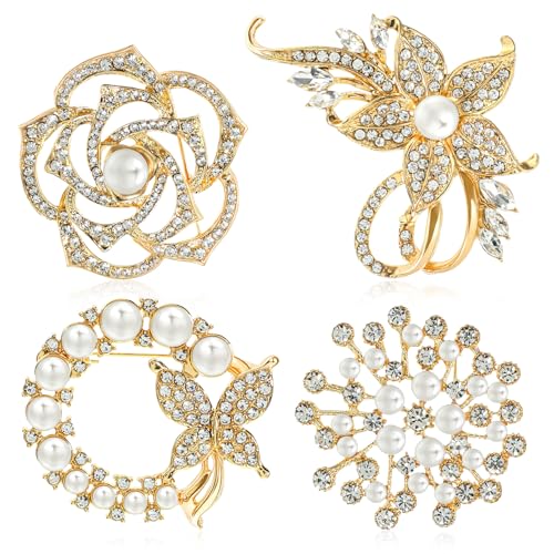 4 Stück Gold Brosche Damen Kristall Perle Blume Broschen Mit Strass Und Perlen Elegante Golden Girlande Broschen Pin Vintage Brooch Clip Für Schal Mantel Kleidung Kleider
