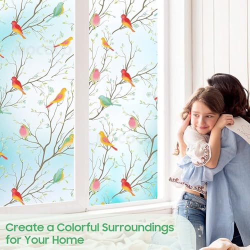 Image of MOCOCO Premium Vinyl Privacy Stained Window Glass Sticker (12x25 Inch) - Self-Adhesive Decorative Film Opaque Sheet Tint Wallpaper for Glass Cover Window, Door, Office, Home.| Anti-UV. Colorful Birds