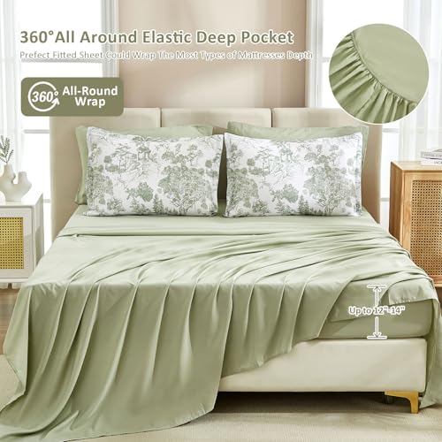 Image of DJY Full Size Comforter Sets, Sage Green 7 Pieces Bed in a Bag Full Botanical Comforters with Sheets Elegant Plants Print Soft Microfiber Reversible Complete Bedding Sets for All Season