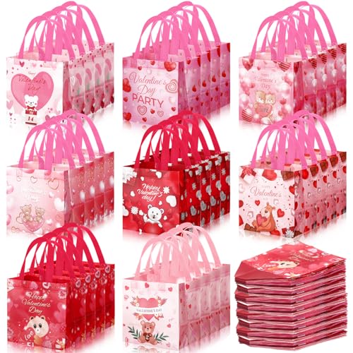 Image of Hosuly 80 Pcs Happy Valentines Day Gift Bags Non Woven Treat Bags with Handles Reusable Gift Wrap Bags Waterproof Tote Bag for Valentine's Day Wedding Gifts Wrapping Party Supplies