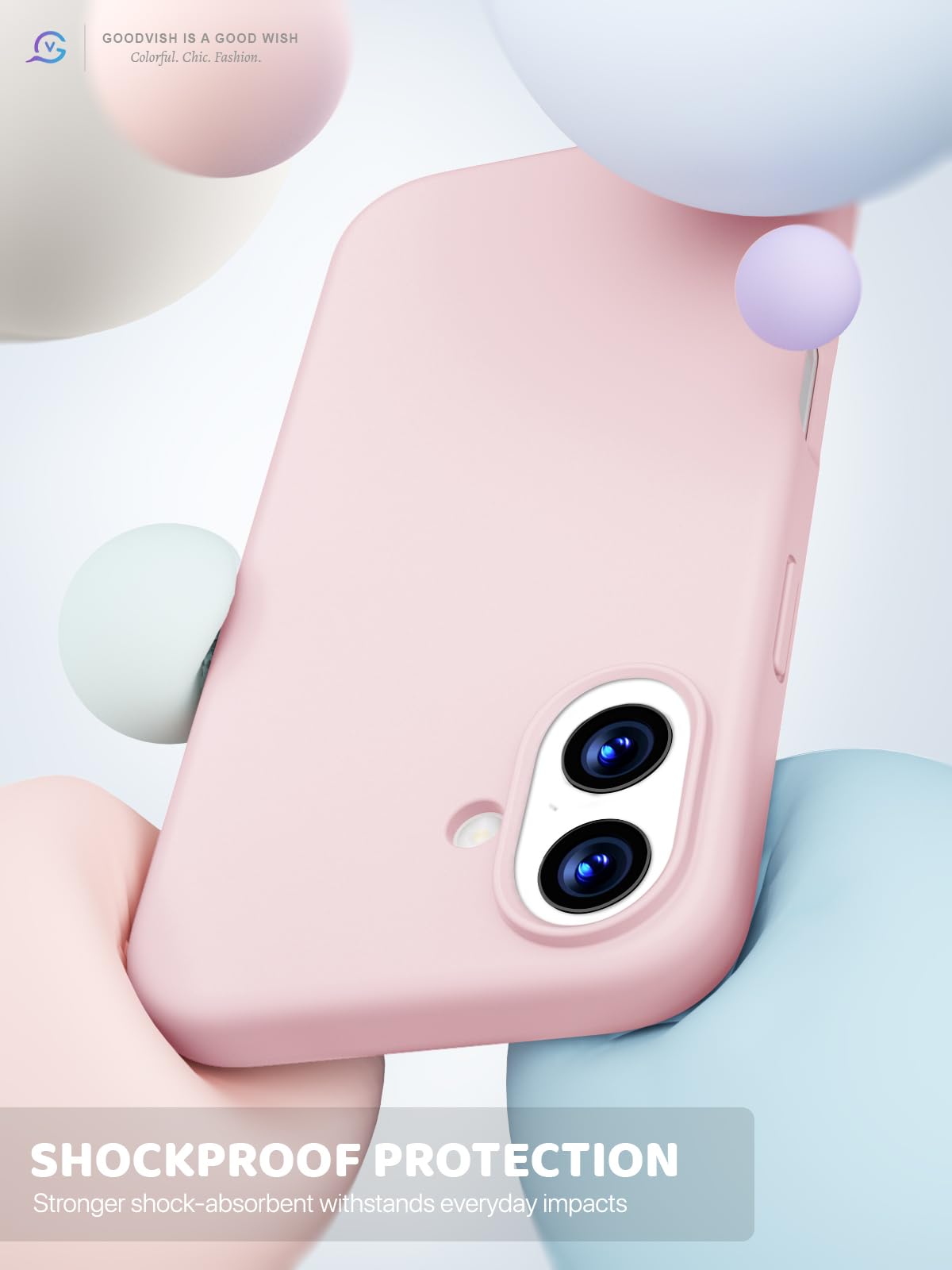 GOODVISH 3 in 1 Silicone Cover per iPhone 17 6.3", Custodia con 2 Pellicola Vetro Temperato [Protezione Fotocamera] 360° Protezione Anticaduta Case per Cellulare Antiurto Resistente, Rosa Sabbia