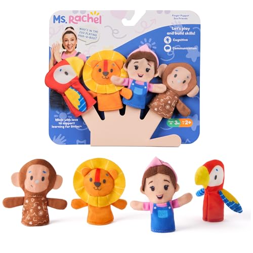 Image of Ms. Rachel Finger Puppets Zoo Friends 4-Pack, Lion, Monkey & Parrot, Educational Toys & Animal Puppets, Toddler Toys for Girls & Boys Ages 3 Months- 2+ Years