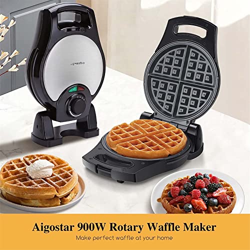 Aigostar Belgian Waffle Maker Thick 1.2\", 8 Inch Flip Waffle Irons with Non Stick Surface, 900W Stuffed Waflera Electrica with Temperature Control, 4 Slice Rotating Round Waffle Cone Machine
