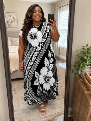 Image of Plus Size Maxi Dress for Women Short Sleeve V Neck Casual Loose Sundress with Pockets