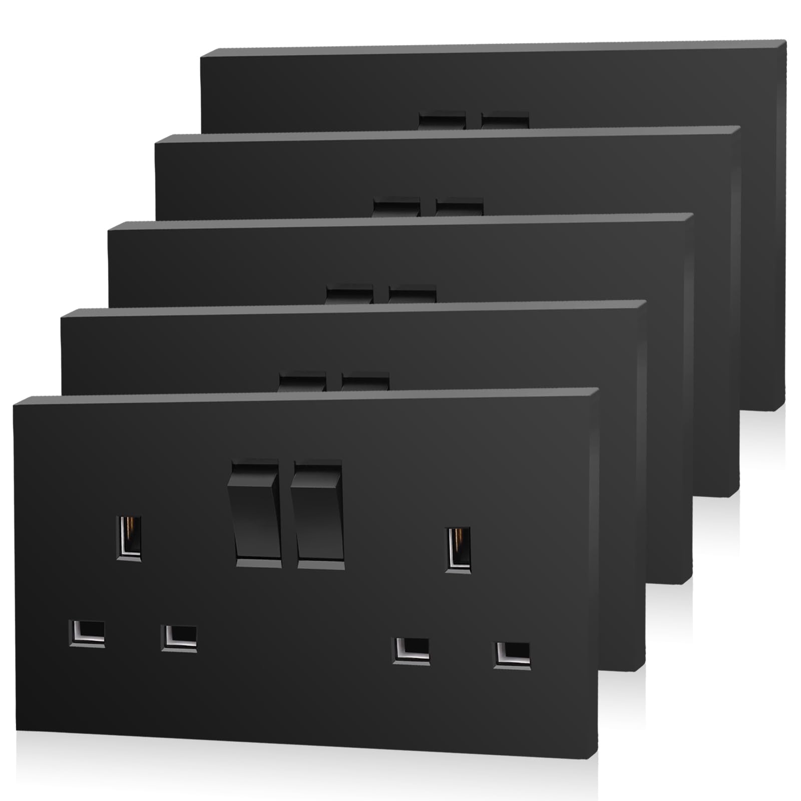 5 Pack CNBINGO Double Switched Power Socket, Electric Power Socket 2 Gang 13 Amp, Black Double Wall Outlet