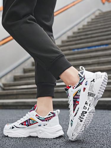 Men's White Thick-Soled Athletic Shoes With Graffiti Pattern, Lace-Up Front, Comfortable, Lightweight, Round Toe, Versatile, Breathable, Suitable For Walking, Casual, Sports And Campus Youth Style2