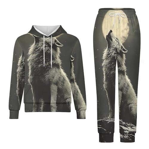 Boys Girls Sweatshirt Set 2 Piece Pullover Hoodie Kid Jogger Sweatpants, Howling Wolf Night Moon4