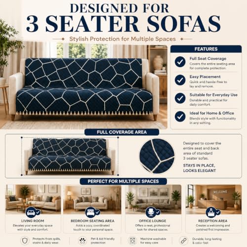 Image of Velvet Quilted Sofa Cover for 1 Seater (24 x 60 Inches) | Black | Anti-Slip Soft Washable Sofa Seat Cover | Furniture Protector with Tassels