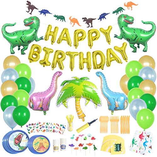 Happy_Vibes Premium 193 Pack | All-In-One Kids Dinosaur Party Supplies w/ Dinosaur Tableware | Includes Dinosaur Party Plates, Cups, Straws, Napkins, Spoons, Forks, Knives, Tablecloth and Dinosaur Banner for 16 Guests | Ultimate Inflatable Dinosaur B