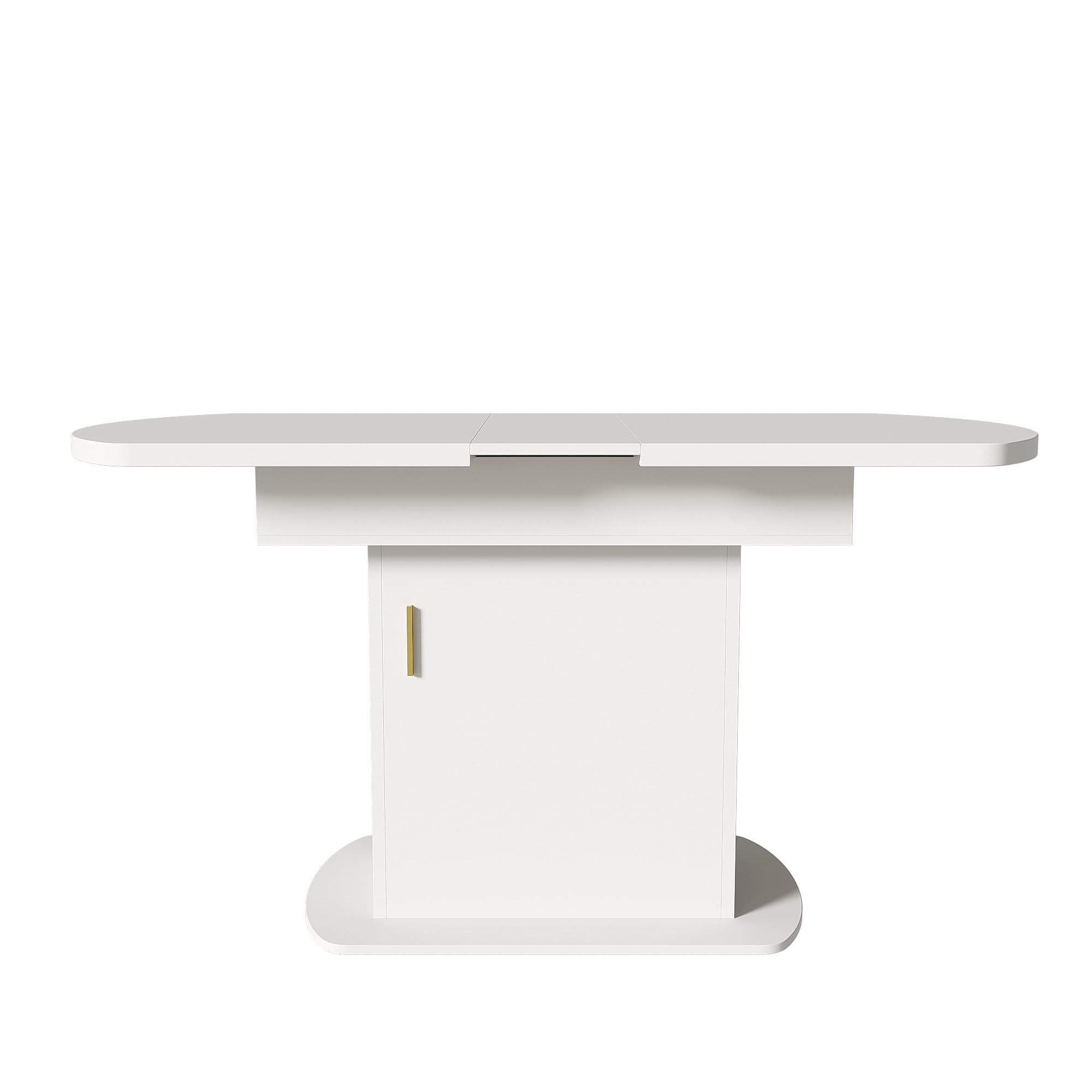 Tavolo da pranzo ovale allungabile con spazio 110 – 130 x 70 x 75 cm, moderno, minimalista, salvaspazio, multifunzione, bianco, con manici dorati