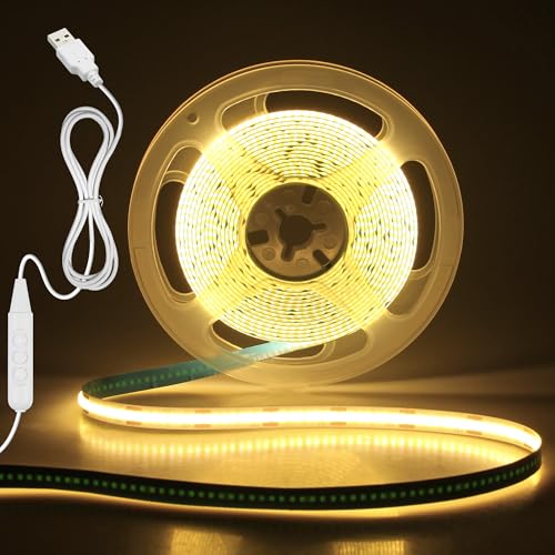 Image of Aclorol LED Strip Lights Warm White 3000K 5V Dimmable Brightness 13.12FT | USB Powered TV LED Backlight, Flexible, Cuttable, COB Tape Lights with Self-Adhesive, for Bedroom Living Room Wardrobe