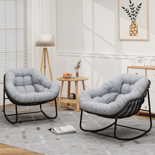 Outdoor Rocking Chair Set of 2, Patio Wicker Egg Chair, Indoor & Outdoor Double Papasan Chair with Padded Cushion, Royal Rattan Rocker for Front Porch, Garden, Patio (Light Grey)