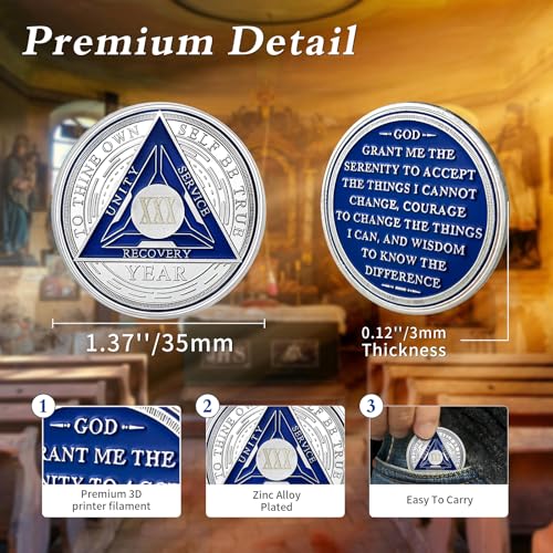 Image of Recovery Triangle 30 Year Sobriety Coin - Silver Roman Numeral NA AA Coins - 1-40 Prime NA /HA /AA Chips and Medallions - Narcotics Alcoholics Anonymous Sober Gifts for Men Women