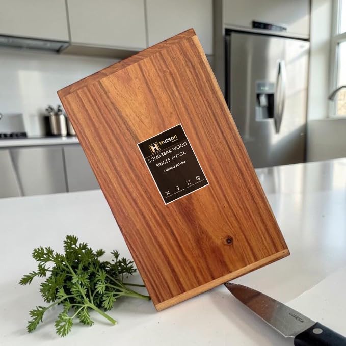 Image of Hutson Solid Teak Wood Cutting Board 18 x 11 Inch with Reinforced Edge Strips - Heavy Duty Wooden Chopping Board