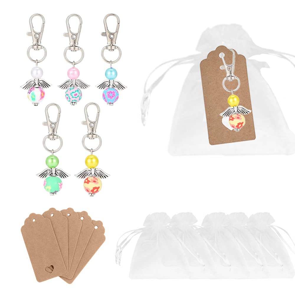 Lot De 20 Porte-clés Ange En Perles Avec étiquettes Cuir Et Sacs Organza – Idéal Cadeau, Mariage, Communion, Fête
