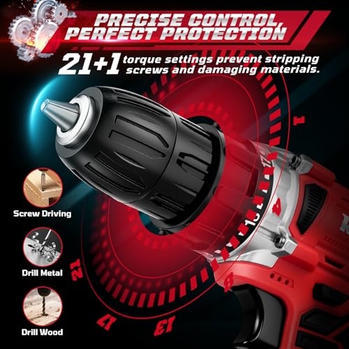 20V Cordless Drill Set,Electric Power Drill Cordless,Power Drill Drivers,Electric Screwdriver - 2.0Ah Batteries, 30Nm,21+1 Torque,2 Speed,34pcs Acessories,Built-in LED,Kit for Home,Red - Image 5