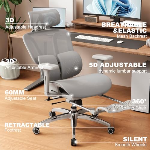 Image of Vonesse Ergonomic Office Chair with Footrest, Desk Chairs with Adjustable 3D Headrest and Armrests, Computer Gaming Chair with Dynamic Lumbar Support & Adjustable Depth Breathable Mesh Seat (Grey)
