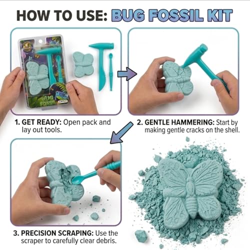 Image of Apex Bug Fossil Dig Kit for Kids 5+ | Butterfly Fossil Excavation Toy with Hammer & Chisel | STEM Archaeology Discovery Learning Kit | Educational Science Gift
