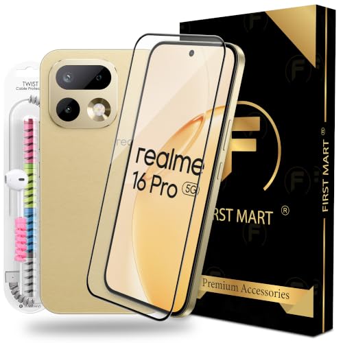 Image of FIRST MART Tempered Glass for Realme 16 Pro, 9H 0.3 mm Full-Glue Screen Protector with Cable Protector, 3D Edge-to-Edge, HD Clear, Case-Friendly, Black, Pack of 1