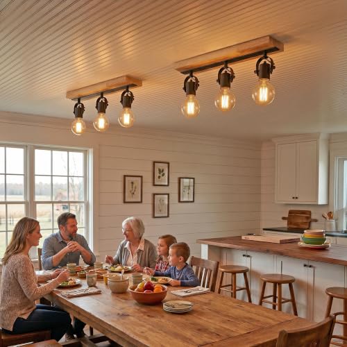 Image of 3‑Light Track Ceiling Light, Industrial Wood Spot Light Fixture, Adjustable Direction Ceiling Spotlight, Vintage Metal & Wood Ceiling Lamp for Kitchen E26 Base (Bulbs Not Included)