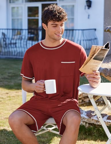 Image of Ekouaer Men's Pajamas Set Casual Short Sleeve Shirts and Shorts Soft 2 Piece Loungewear With Pockets