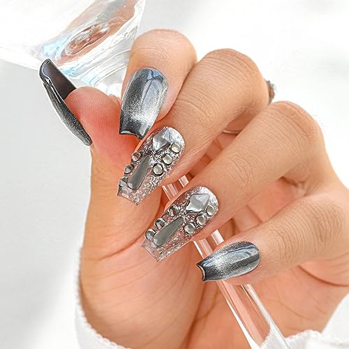Sethexy Punk Long Coffin False Nails Handmade Rhinestone Cat Eye Gradient Fake Nails 3D Crystal Glossy Acrylic Black Press On Nails Salon Quality Nail for Women and Girls(O)