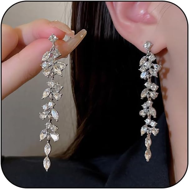 Shiny Silver Cubic Zirconia Tassel Drop Earrings for Women - Sparkling Rhinestone Wedding Bridesmaid Dangle Jewelry Preppy Aesthetic