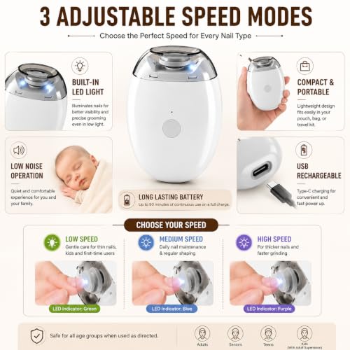 Image of Automatic Electric Nail Grinder & Trimmer with LED Light | Rechargeable Nail File, Nail Shaper & Polisher | 3 Speed Settings | Safe Nail Care for Adults, Kids & Seniors | Portable Electric Nail Grooming Kit