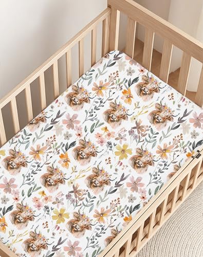 Image of Pack and Play Sheets 2 Pack, Fitted Jersey Knit Mini Crib Sheets for Baby Boys and Girls, Compatible with Graco Pack N Play and Mini Crib Mattress (Cottage Cow, Pack N Play /Mini Crib Sheets)