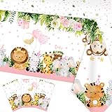 Safari Baby Shower Decorations for Girl Pink Jungle Tablecloth 3 Pieces Plastic Disposable Zoo Birthday Table Cover for Animal Theme Baby Shower Birthday Party Supplies(70×43 Inch)