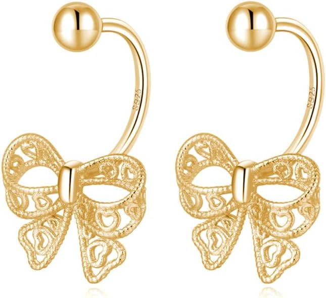 Reffeer Solid 925 Sterling Silver Bow Half Hoop Earrings Huggie for Women Teen Girls Bowknot Hoop Earrings Open Hoops
