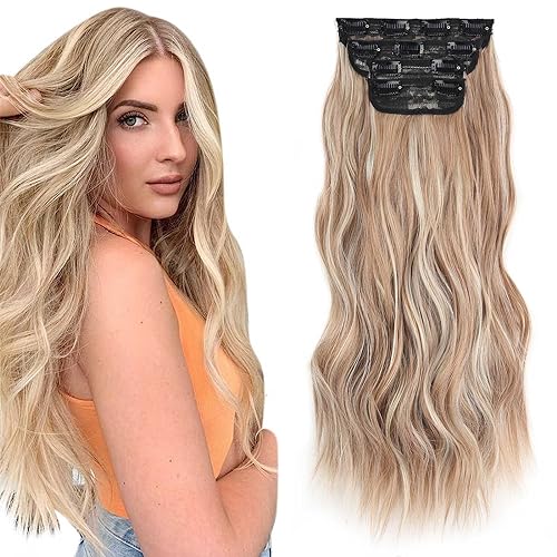 Xtrend 16Inch Long Wavy Hair Extensions Clip in Hair Extensions Synthetic Hair pieces for Women Girls 4PCS Full Head Set Thick Curly Wavy Synthetic Hair Extensions(22H88B)