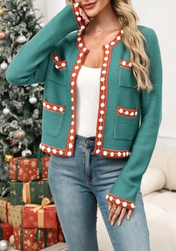 Image of Cropped Cardigan for Women Open Front Jackie O Sweater Jacket Button Down Fall Chunky Knit Coats