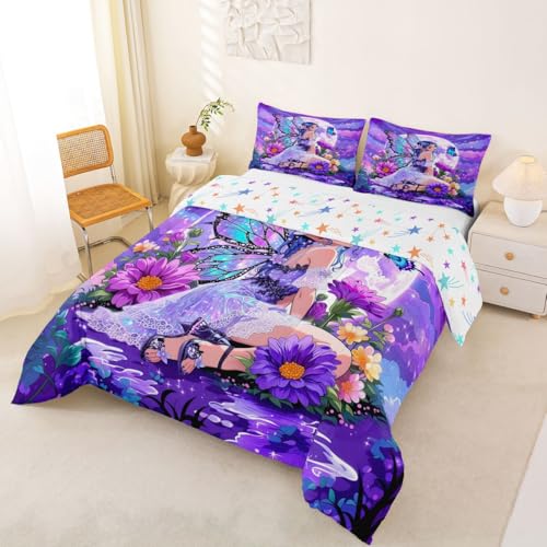Image of Erosebridal Fairy Girl Bedding Sets Full - Flower Fairytale Comforter Set for Kids Adults Blue Butterfly Floral Decor Duvet Insert Purple Galaxy Moon Quilt
