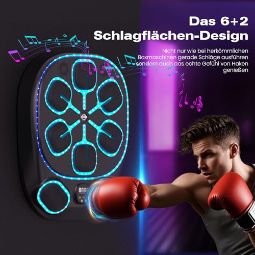 Music Boxing Machine mit 6+2 Schlagflächen, 60 cm Schlagfläche, LED-Beleuchtung, 9 Geschwindigkeitsmodi und Musik, Bluetooth-fähig, Ideal für Erwachsene, Kinder, Fitness & Stressabbau