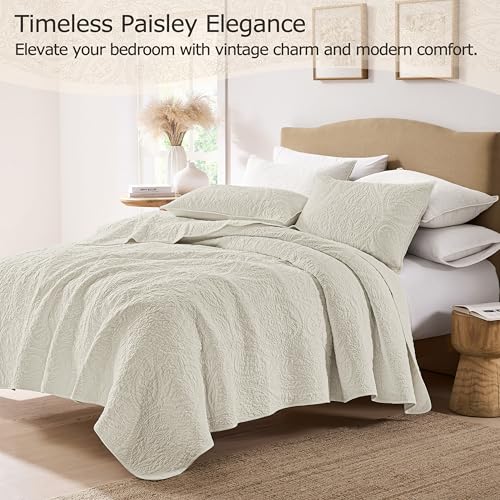 Image of palassio Beige Paisley 100% Cotton Quilt Queen Size Bedding Sets with 2 Pillow Shams, Boho Floral Lightweight Farmhouse Country Vintage Soft Bedspread Shabby Chic Coverlet for All Season, 3 Pieces