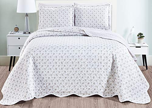 Masterplay 3-Piece Fine Printed Oversize (100" X 95") Quilt Set, Bedspread Coverlet Queen Size Bed Cover (Purple, Grey, Green, White, Floral) #TOP18