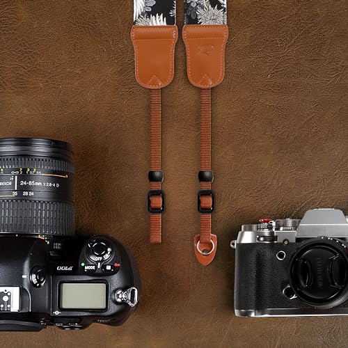 Image of Padwa Lifestyle Camera Strap - 2 inch Cowhide Leather Head Cotton Camera Straps for Photographers,Vintage Japanese Art Print Adjustable Neck & Shoulder Strap for ALL DSLR /SLR Cameras(Grey Crane)
