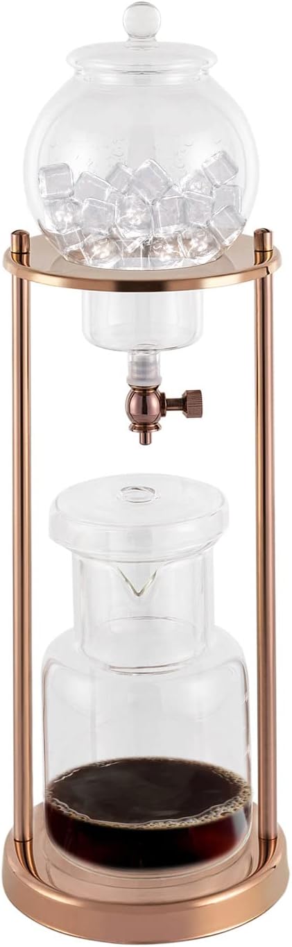 Iced Coffee Dripper Cold Brew Drip Tower Coffee Maker, 20.29oz Long-Neck Sharing Pot, Stainless-Steel & Glass Iced Dripper Coffee Maker, Precision Speed Control for Home, Office, Coffee Shops (Gold)