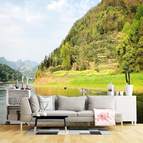 Custom Size Wall Murals,Scenic River Valley Green Hillside Fishing Boat Tranquil Nature Landscape,SelfAdhesive Wall Fabric(NO PVC) Removable Wallpaper for Living Room,Bedroom