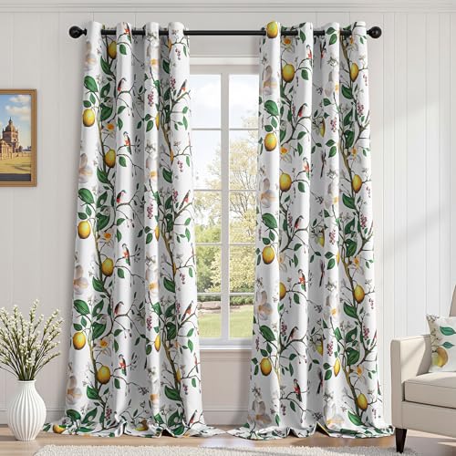 Image of MYSKY HOME Floral Curtains 95 Inch Long for Living Room Vintage Farmhouse Room Darkening for Dining Room Bedroom Lemon Hummingbird Patterned Thermal Insulated Drape, 2 Pcs, W52, Greyish White