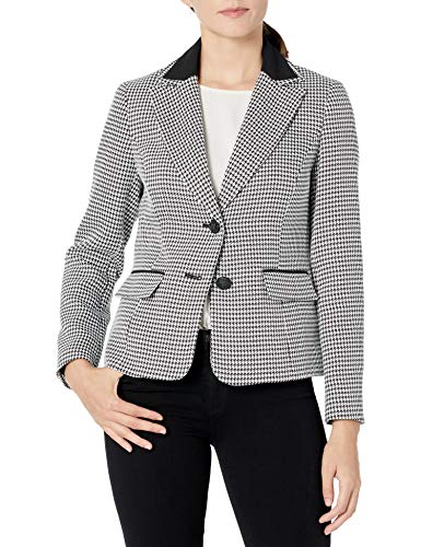 Kasper Women's Petite 2 Button Notch Collar Textured Houndstooth Jacket, Black/White, 4P