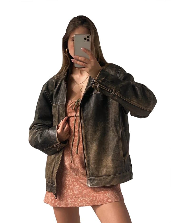 Women’s Vintage Oversized Patina Genuine Leather Biker Casual Wear Moto Jacket2