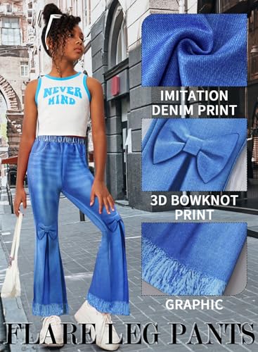 Girl's Imitation Denim Print Flare Pants - 3D Bowknot Raw Hem Jeans Graphic Leggings Bell Bottom Outfits3