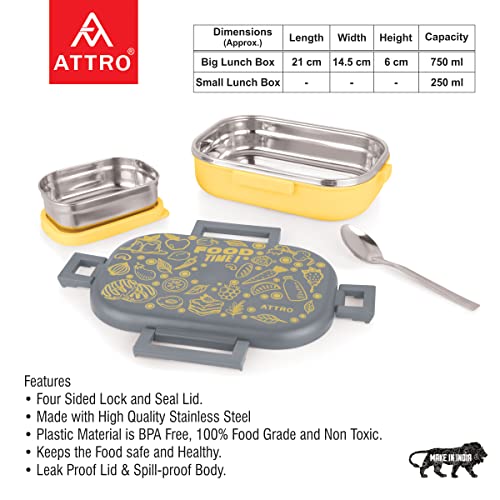 Image of Attro Food Time Stainless Steel Lunch Box, Airtight & Leak Proof - 2 Containers with Spoon (Big 750 Ml & Small 250 Ml) for Office Use, School, Picnic - Grey & Yellow