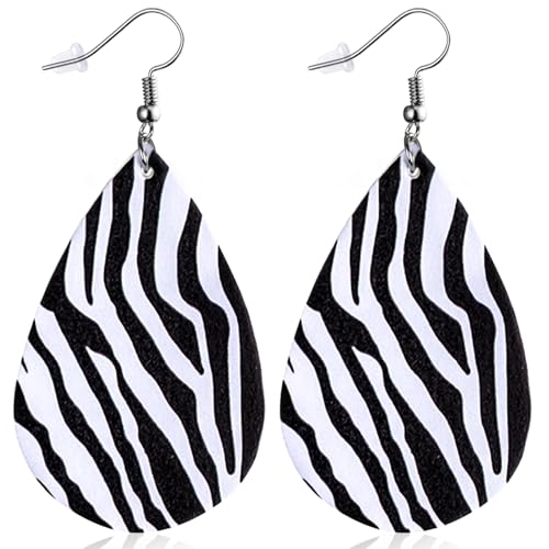 Zebra Print Earrings for Women Black and White Leather Teardrop Dangle Drop Jewelry Outfits Accessories - Main Image