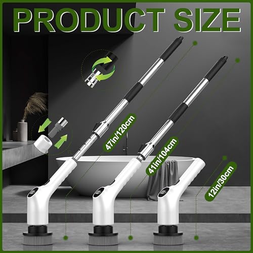 Image of Electric Spin Scrubber, Shower Scrubber with Long Handle Adjustable LCD Display, 2 Speed Shower Cleaner, 7 Replaceable Brush Heads Bathroom Cleaning Brush, Bath Tub Power Scrubbers White G3